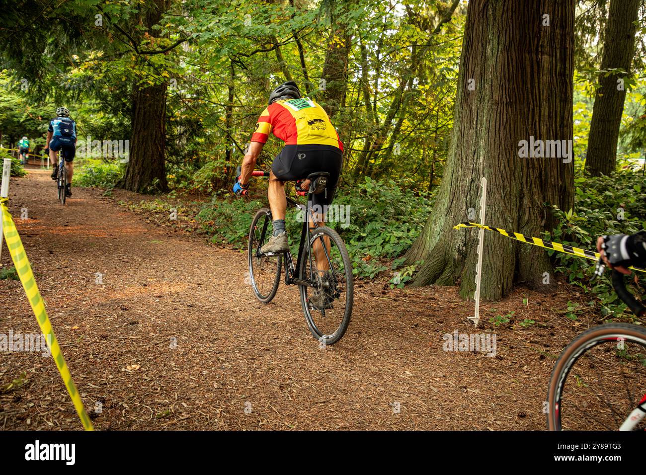 WA25648-00...WASHINGTON - Cyclocross-Rennfahrer fahren auf einem seltenen, direkten Trail-Abschnitt durch den Wald am Silver Lake. Stockfoto