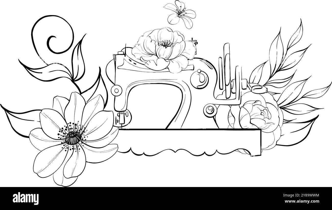 Vintage-Nähmaschinenkompositionen, Arrangement mit Blumen. Vintage Nähmaschinenkompositionen, Arrangement. Handarbeit im Retro-Stil. Alt Stock Vektor