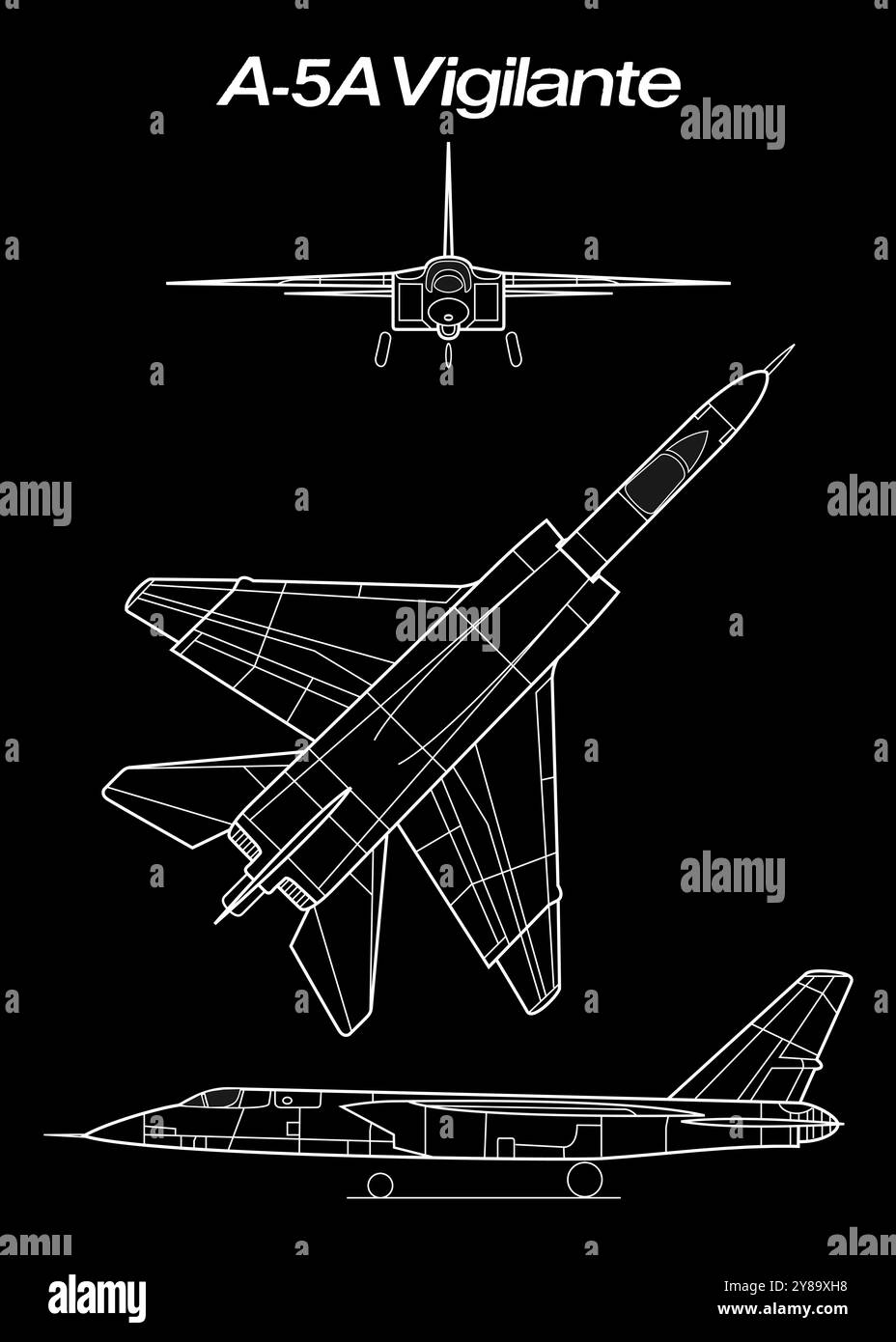 Linienzeichnung der A-5A Vigilante, eines Überschallflugzeugs. Die Zeichnung wird in drei Ansichten dargestellt: Von vorne, von oben und von der Seite. Stock Vektor