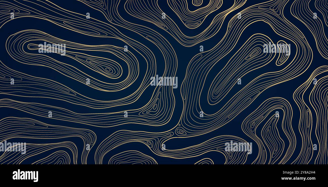 Vektorlinie Topographie Kartenmuster, Linie Gold auf dunkler Kontur Textur, Welle geographischer Hintergrund, Holz organische Illustration Stock Vektor