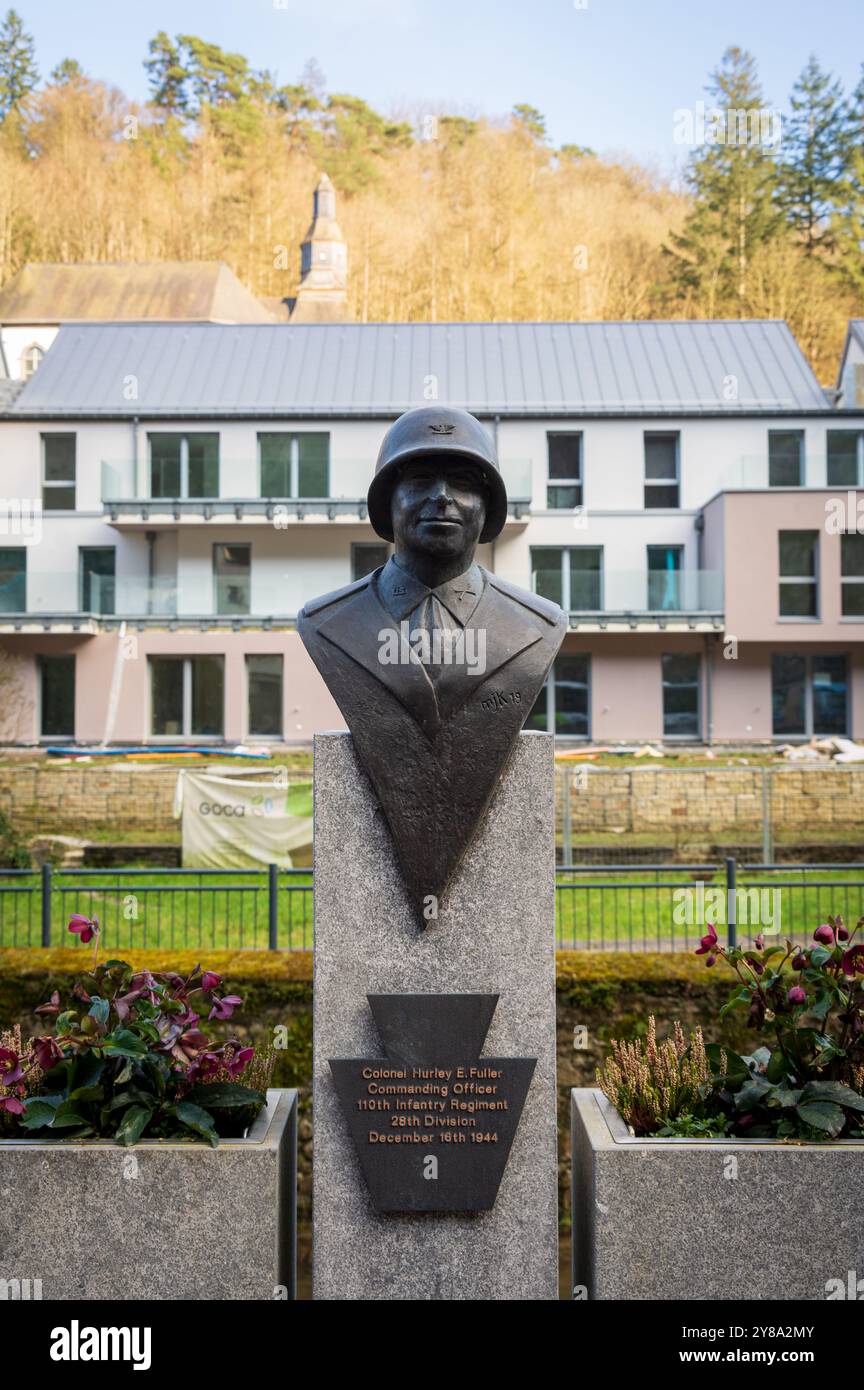 Das Denkmal für Colonel Hurley E. Fuller in Clervaux, Luxemburg Stockfoto