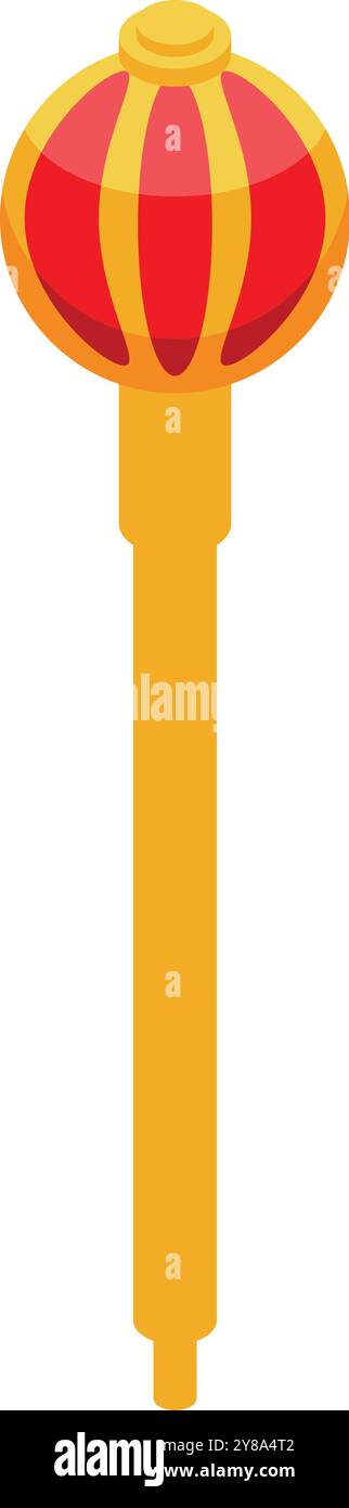 Goldenes königliches Zepter mit einer roten Kugel auf der Oberseite, in einem minimalistischen isometrischen Stil dargestellt Stock Vektor