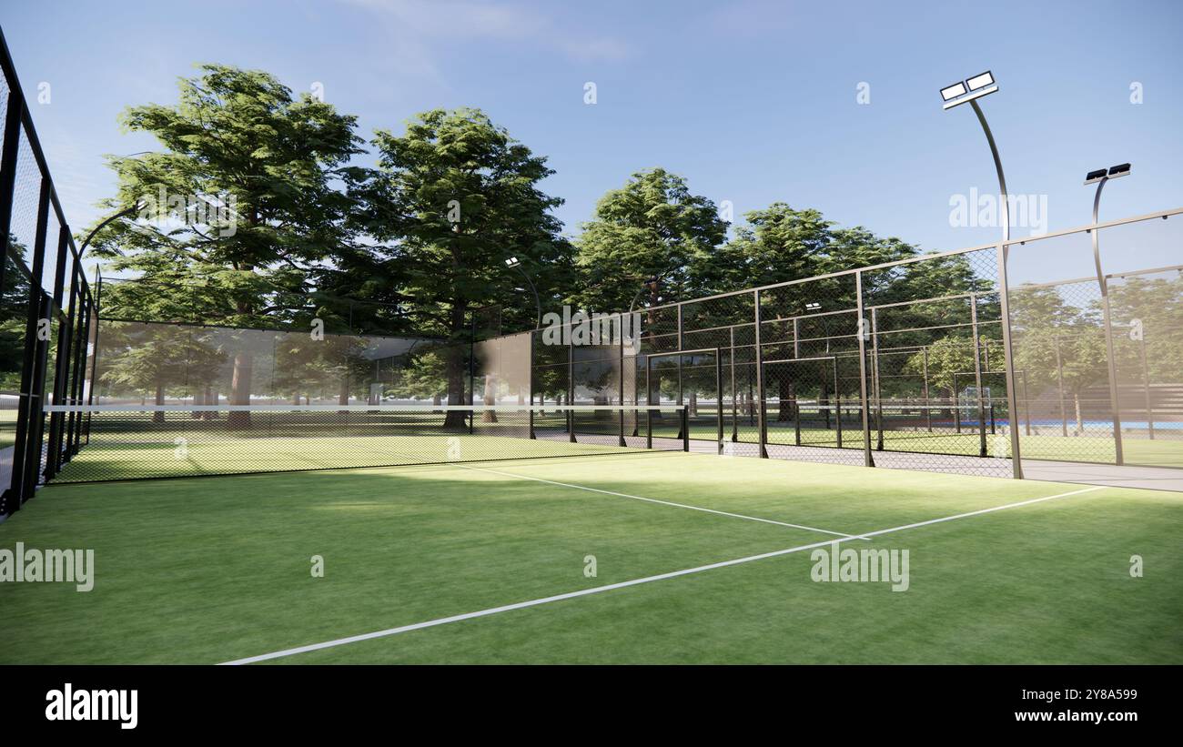 Padel Court im Freien mit Linien, Netz und Glasstruktur in ländlicher Gegend Stockfoto