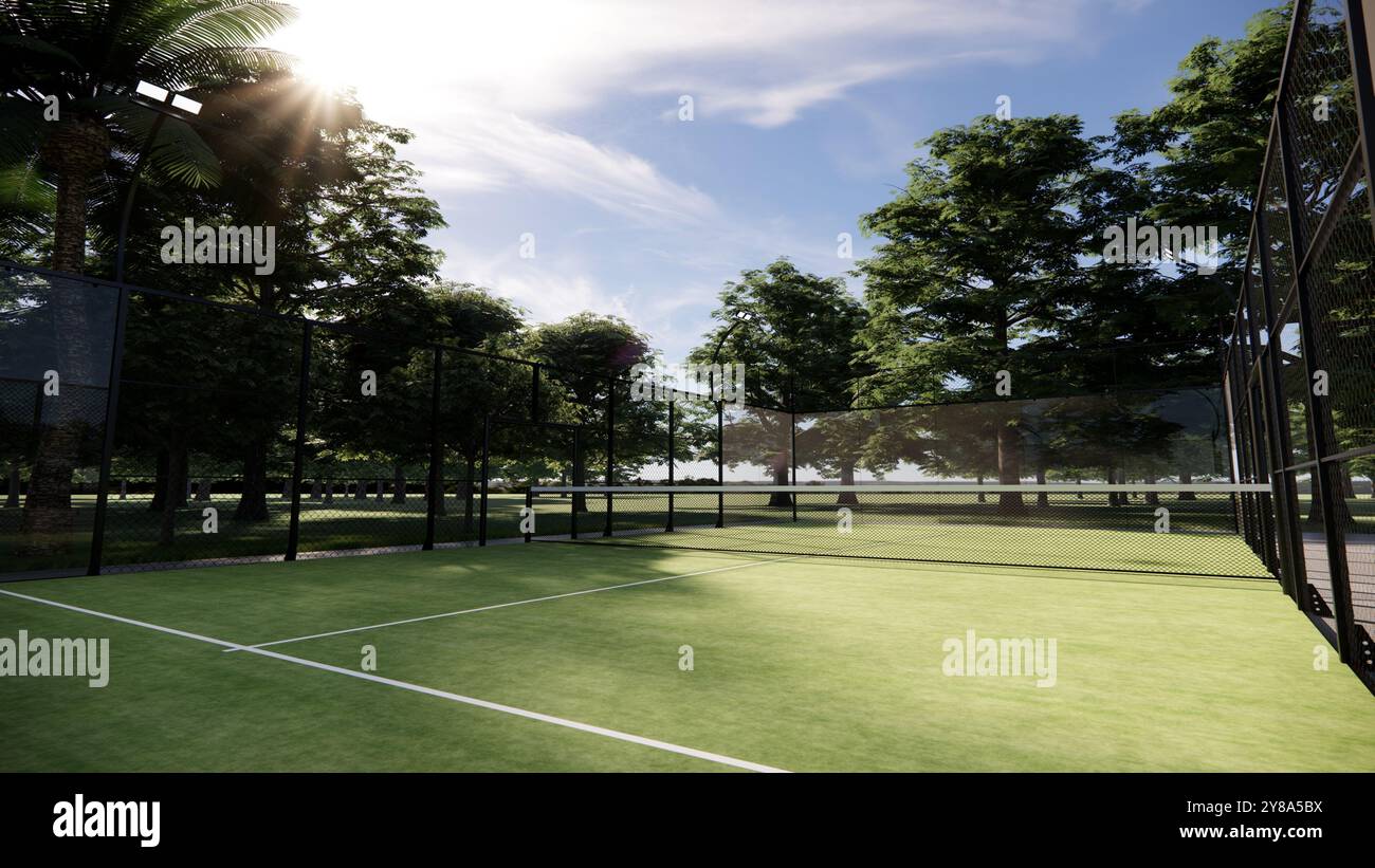 Padel Court im Freien mit Linien, Netz und Glasstruktur in ländlicher Gegend Stockfoto