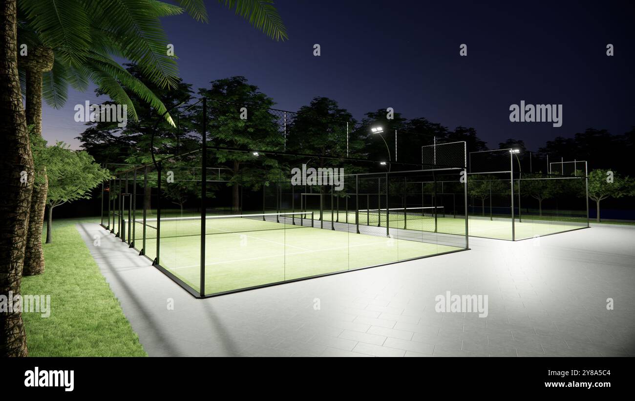 Nachtblick auf den Padel-Tennisplatz im Freien Stockfoto