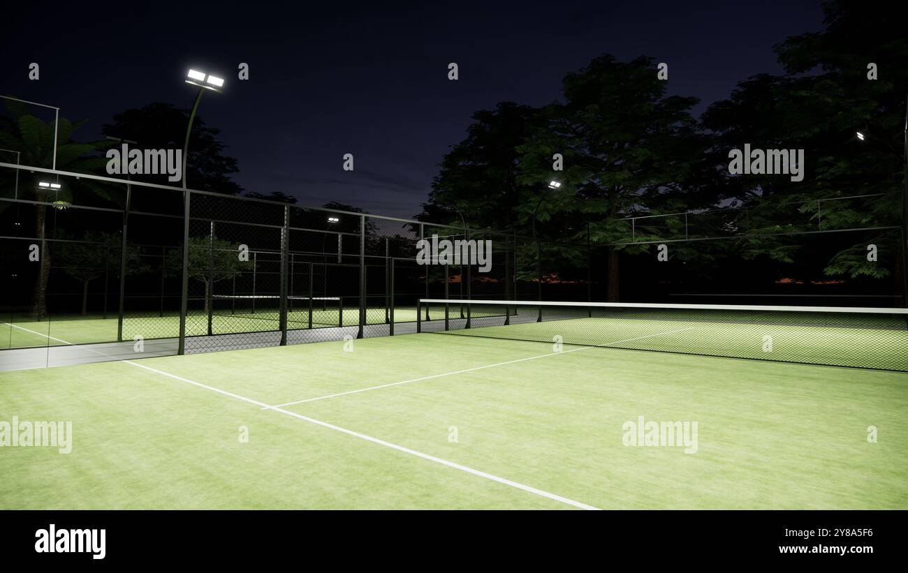 Nachtansicht auf den Paddle-Tennisplatz im Freien Stockfoto
