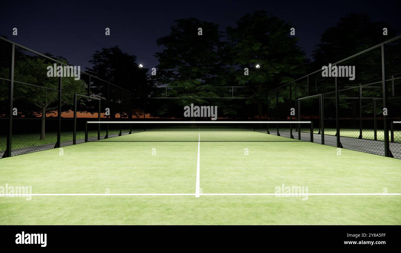 Nachtansicht auf den Paddle-Tennisplatz im Freien Stockfoto