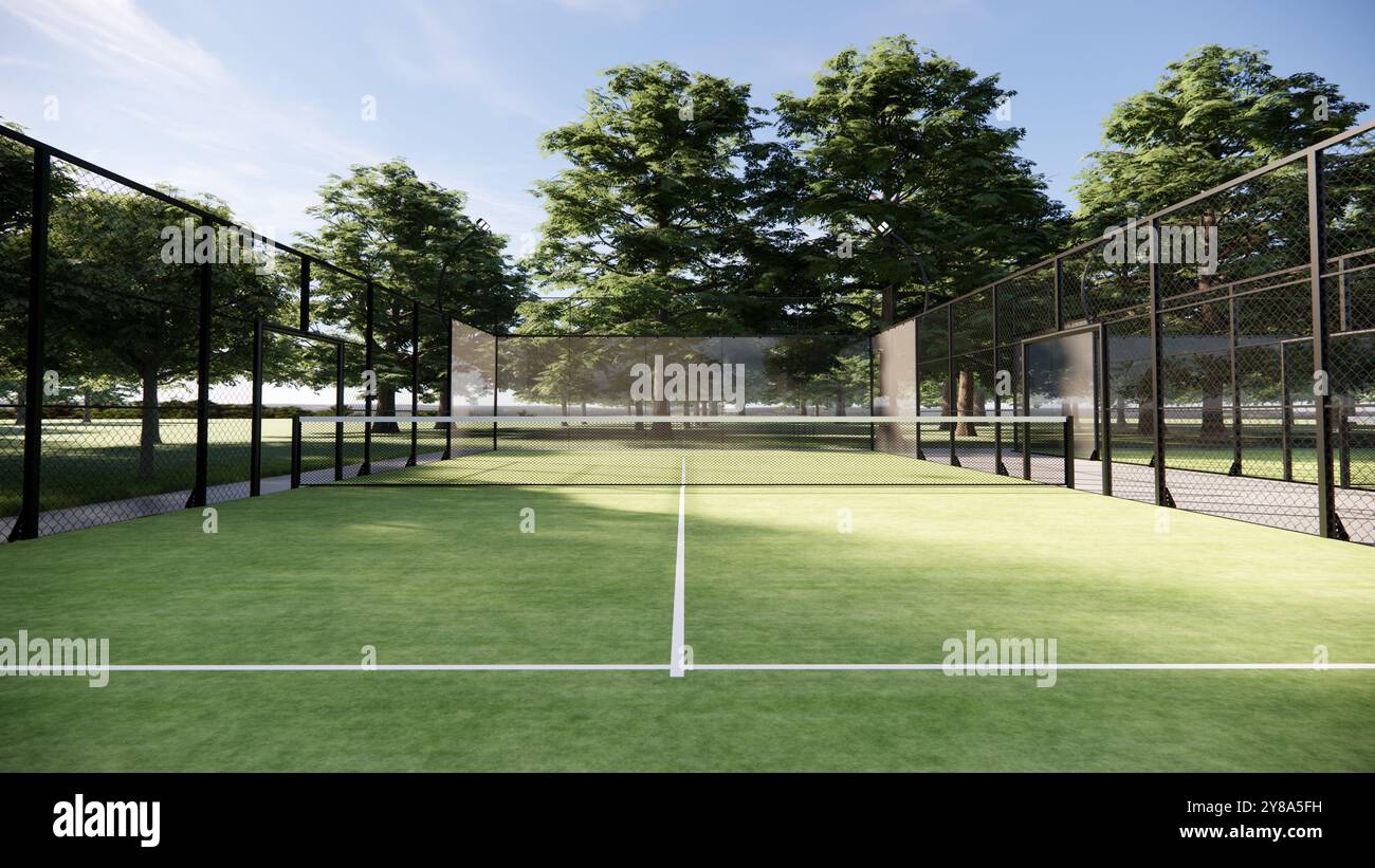 Padel Court mit Linien, Netz- und Glasstruktur im ländlichen Bereich Stockfoto