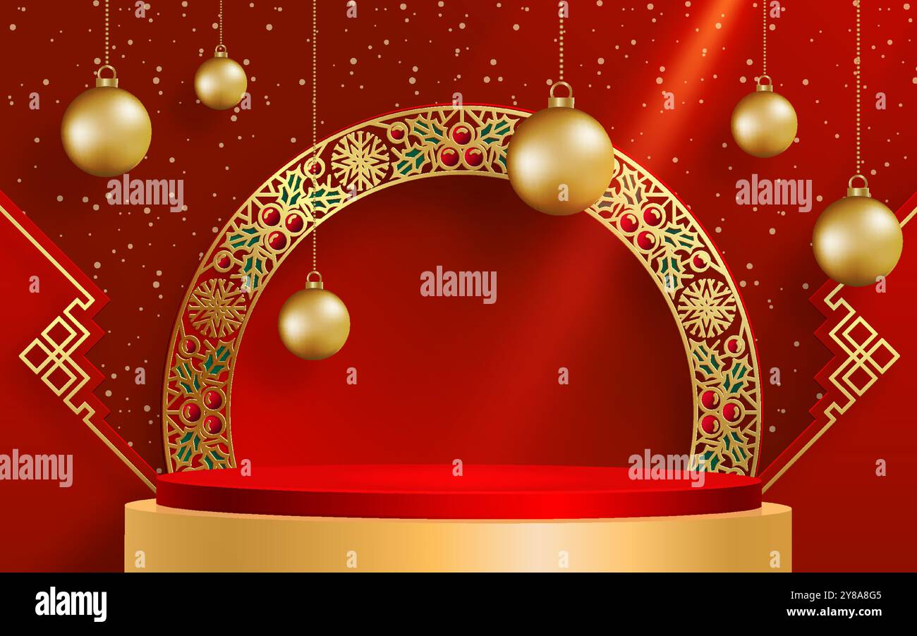 3D Podium rund auf der Bühne, für frohe Weihnachten und ein glückliches neues Jahr und Festivals oder Begrüßungsfest auf Papier geschnittene Kunst und Kunsthandwerk mit farbigem Hintergrund Stock Vektor
