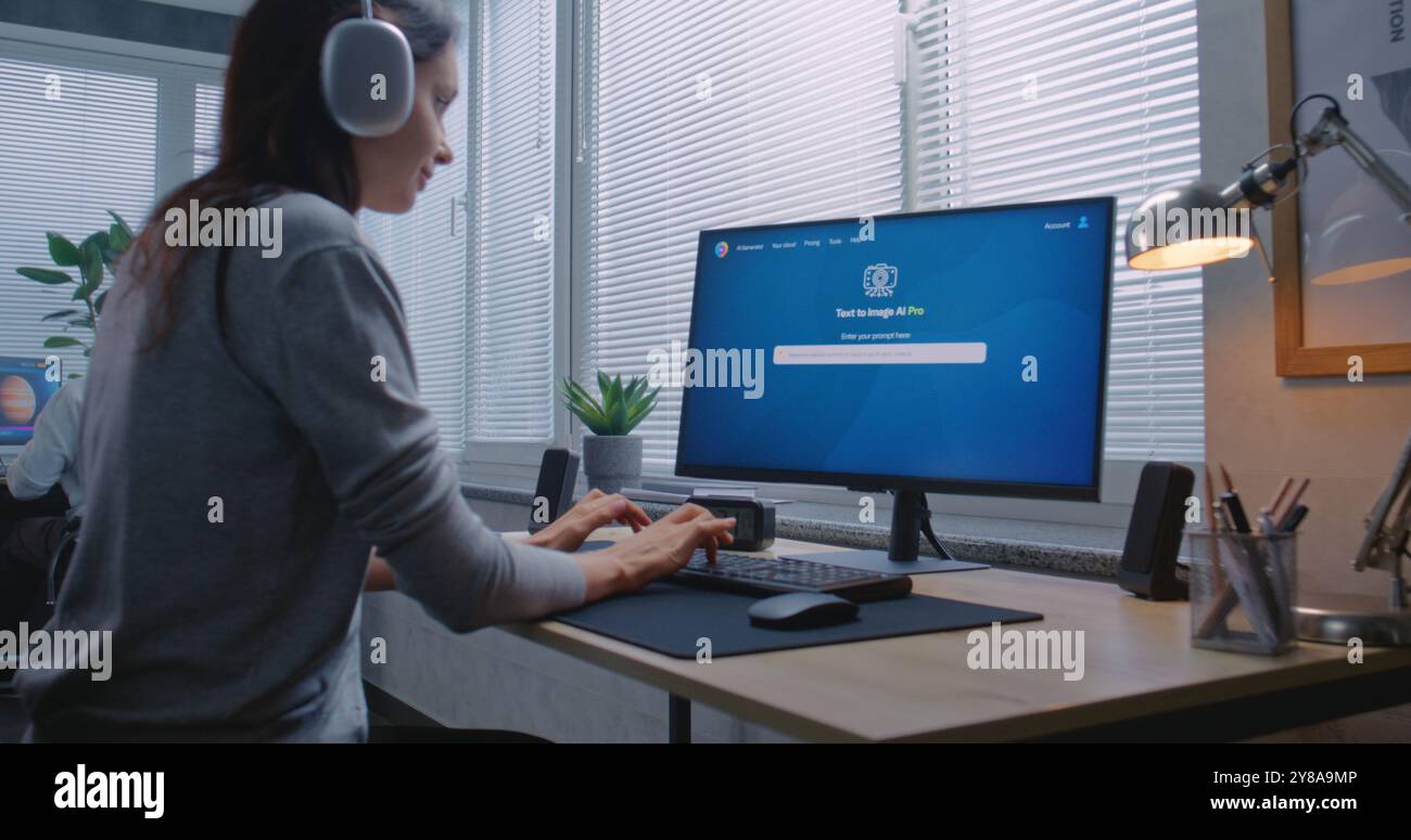 Erwachsene Frau mit Kopfhörern gibt Text in der App für den KI-Bildgenerator auf dem PC ein. Fortschrittliche Chatbot mit künstlicher Intelligenz erzeugen ein detailliertes Bildporträt eines Sci-fi-Roboters. Von Textnachricht zu generiertem Foto. Stockfoto