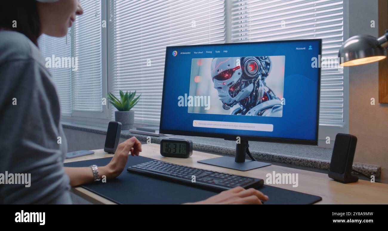 Erwachsene Frau mit Kopfhörern gibt Text in der App für den KI-Bildgenerator auf dem PC ein. Fortschrittliche Chatbot mit künstlicher Intelligenz erzeugen ein detailliertes Bildporträt eines Sci-fi-Roboters. Von Textnachricht zu generiertem Foto. Stockfoto