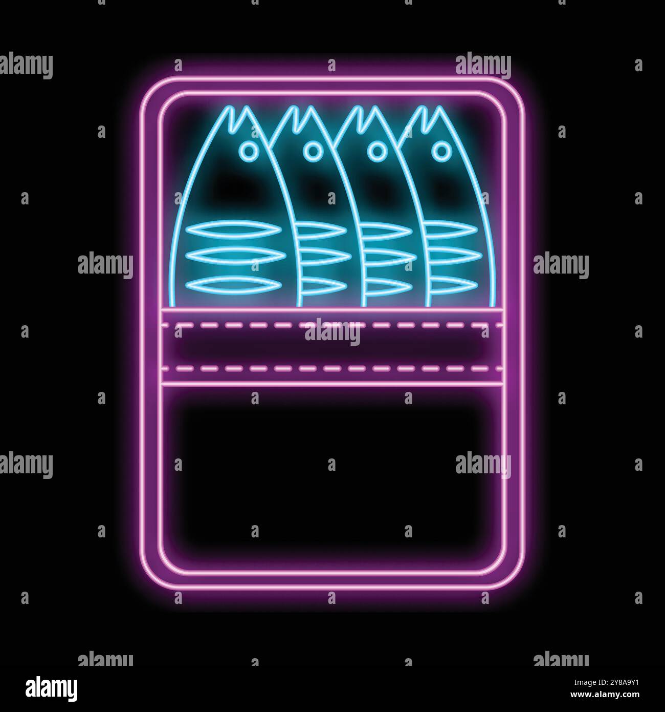 Helles Neonsymbol mit Sardinen aus der Dose, das vor schwarzem Hintergrund leuchtet Stock Vektor