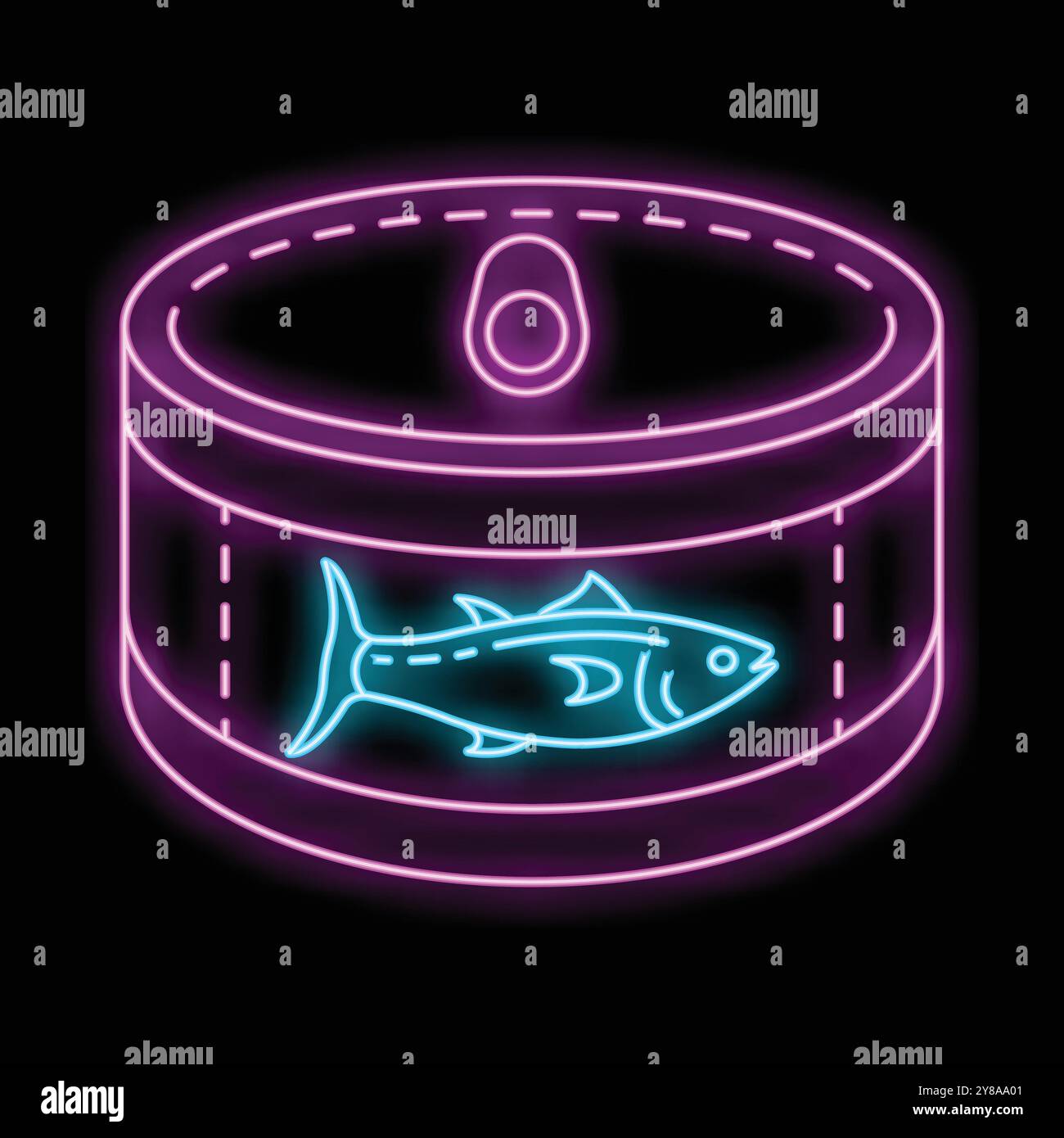 Leuchtendes Neonschild, das einen Thunfisch in der Dose darstellt, ein klassisches Grundnahrungsmittel, auf schwarzem Hintergrund Stock Vektor