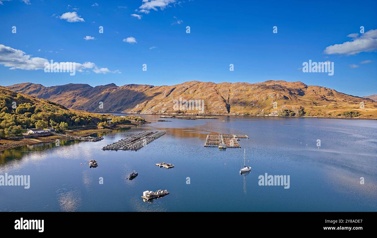 Loch Ailort Lochaber Scotland Buchten in einer Lachsfischzucht und die Serviceboote am oberen Ende des Loch Stockfoto