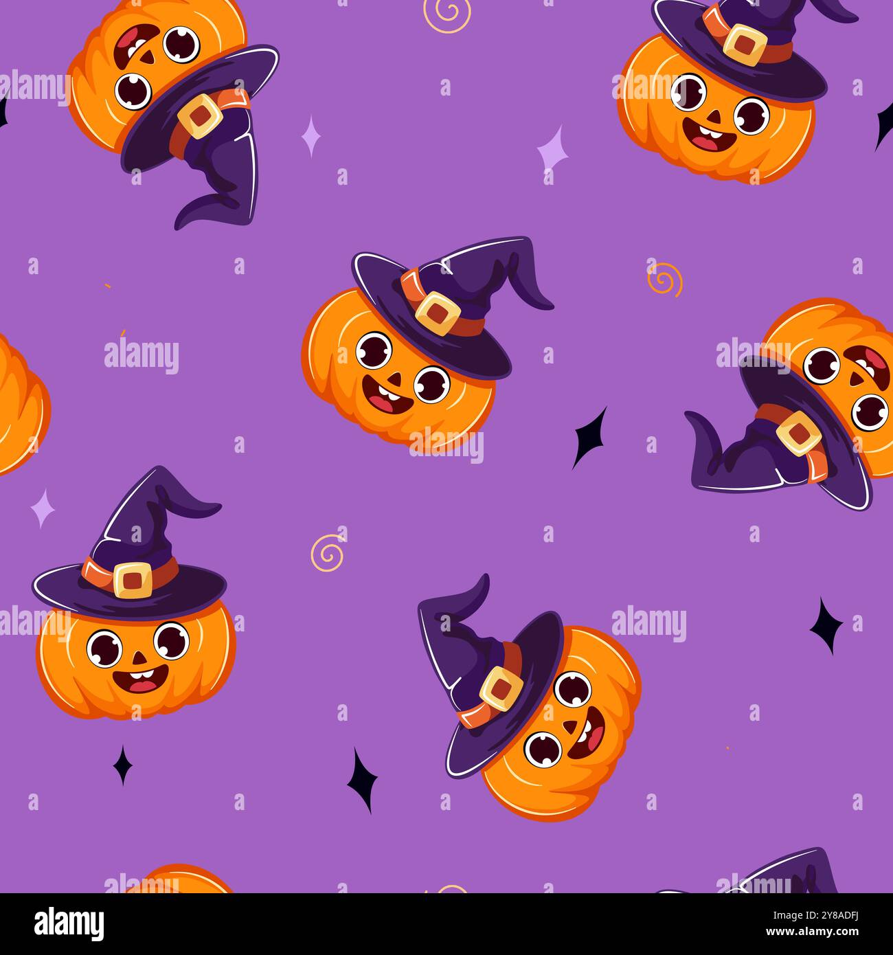 Hintergrund für Halloween-Feiertage mit nahtlosem Muster. Kürbis im Hexenhut. Stock Vektor