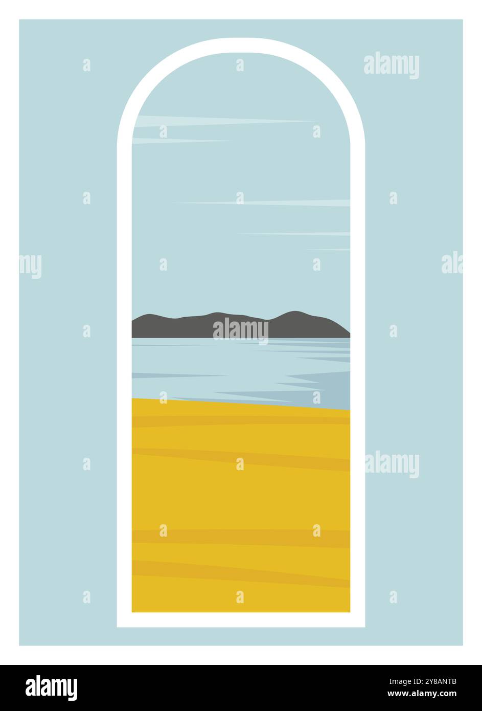 Ländliche Landschaft mit Weizenfeld. Skyline mit Wolken Illustration im Cartoon-Stil. Getreideernte. Trockene Graswiese. Mid Century Modern mi Stock Vektor