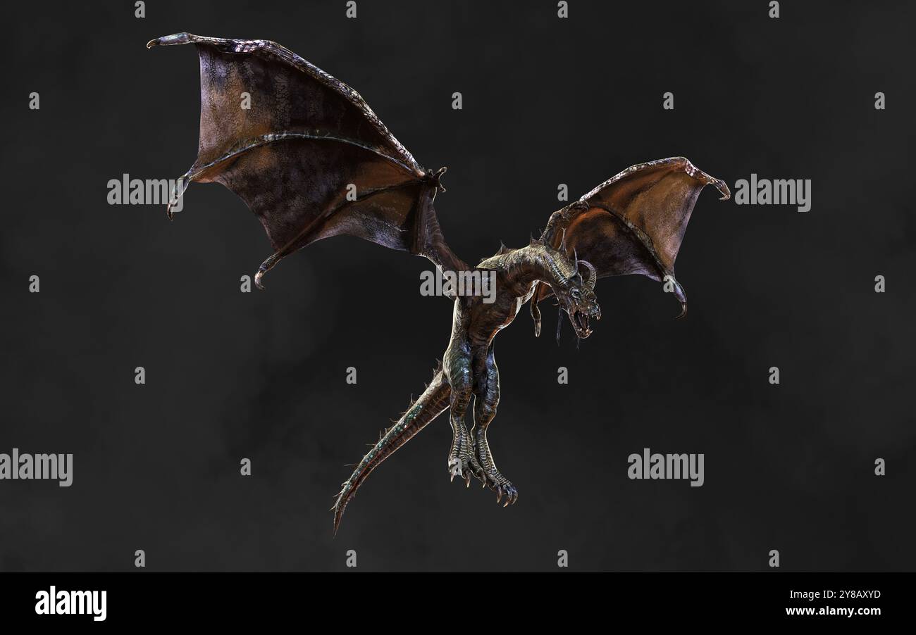 3D-Illustration eines Fantasy-dunklen Drachen und ausgebreiteten Flügels zum Fliegen isoliert auf schwarzem Hintergrund mit Beschneidungspfad. Stockfoto