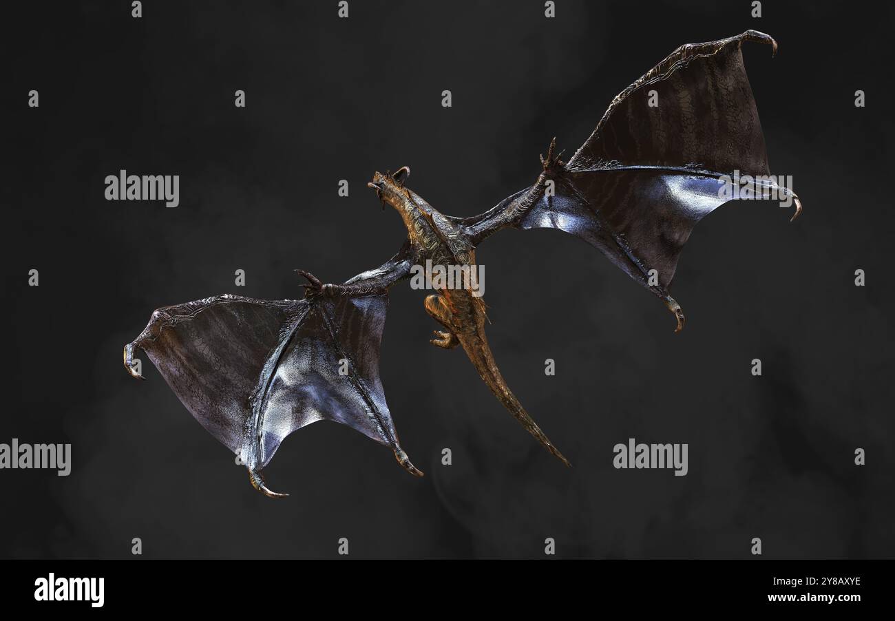 3D-Illustration eines Fantasy-dunklen Drachen und ausgebreiteten Flügels zum Fliegen isoliert auf schwarzem Hintergrund mit Beschneidungspfad. Stockfoto