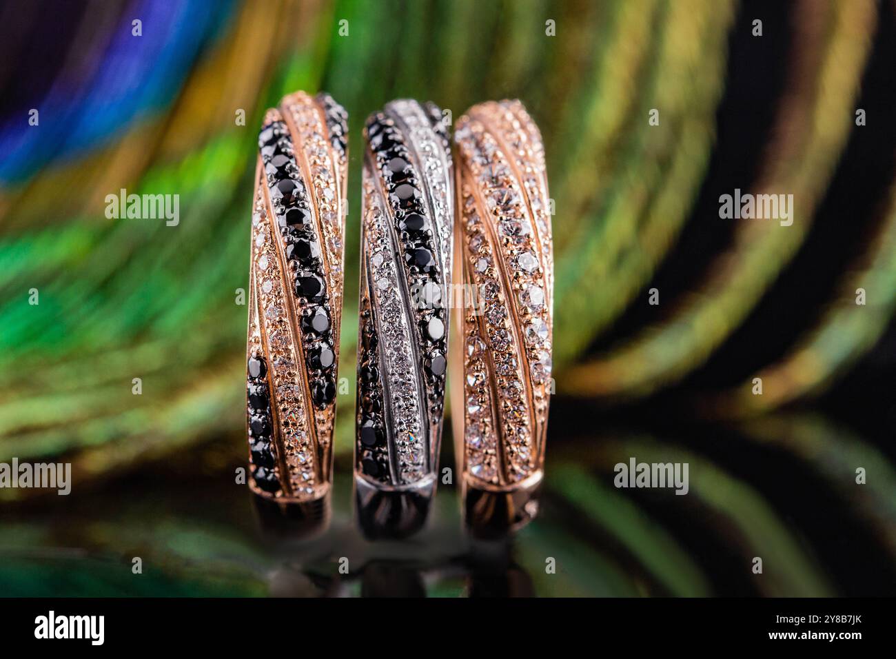 Ein Satz mit drei Ringen. Schmuck auf dem Hintergrund von Pfauenfedern. Drei Ringe mit Steinen. Goldene und silberne Eheringe. Stockfoto