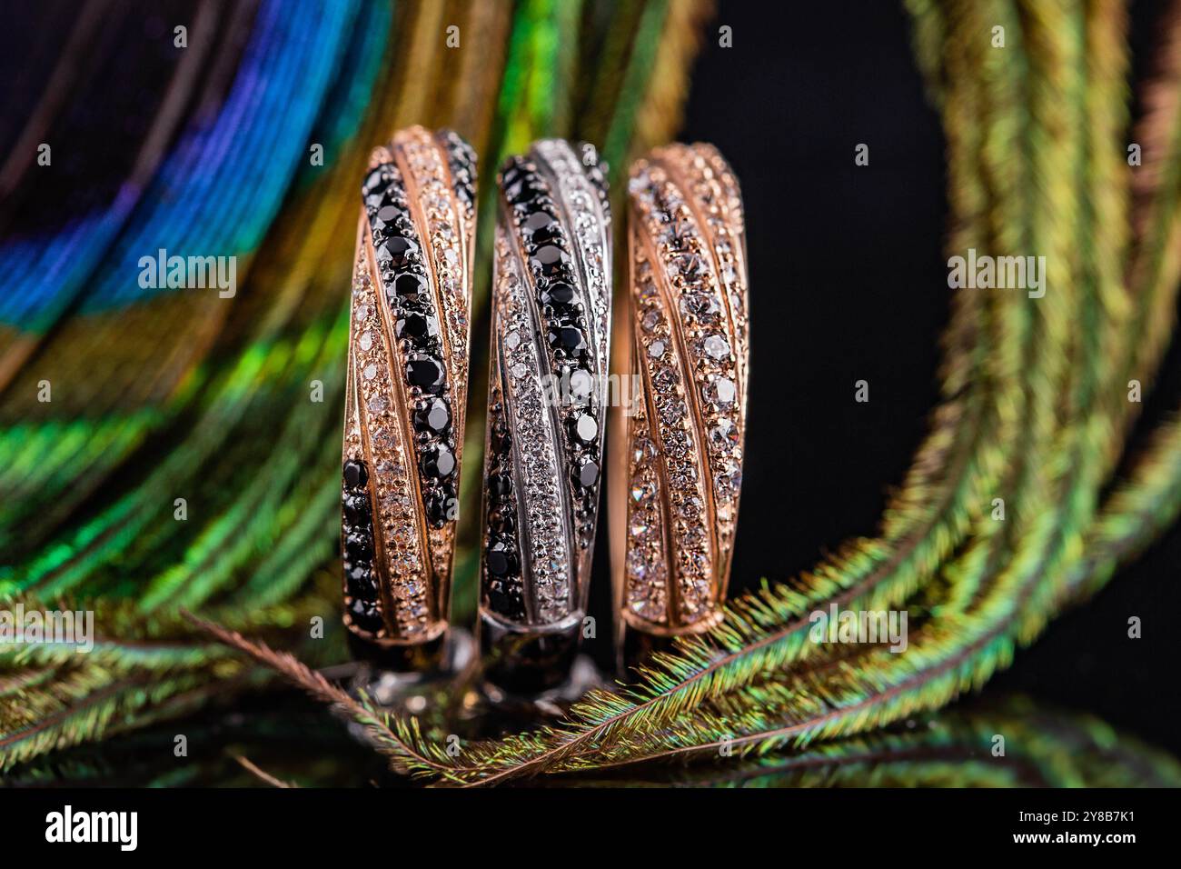 Ein Satz mit drei Ringen. Schmuck auf dem Hintergrund von Pfauenfedern. Drei Ringe mit Steinen. Goldene und silberne Eheringe. Stockfoto