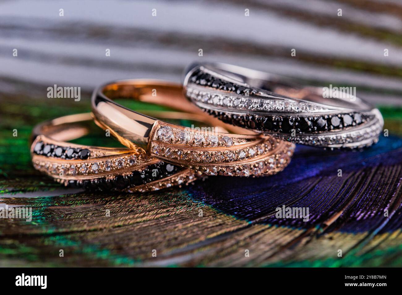 Ein Satz mit drei Ringen. Schmuck auf dem Hintergrund von Pfauenfedern. Drei Ringe mit Steinen. Goldene und silberne Eheringe. Stockfoto