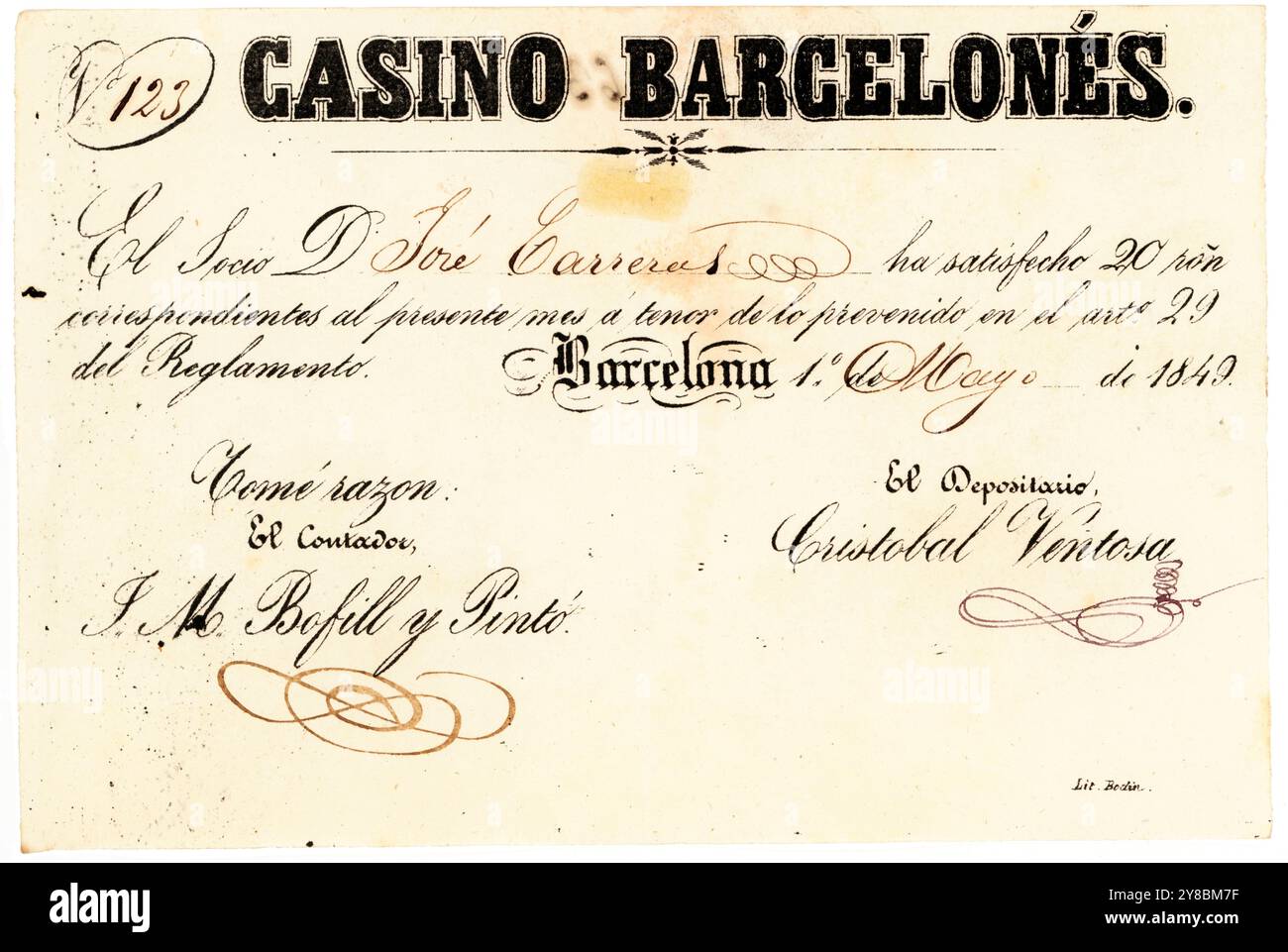 España. Barcelona. RECIBO de Socio del Casino Barcelonés, Mayo de 1849. Stockfoto