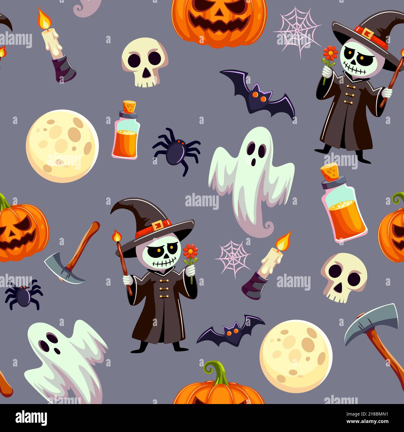 Hintergrund für Halloween-Feiertage mit nahtlosem Muster. Skelett Geist Kürbis Mond Hut Spinnenkerze Gift und Fledermaus. Stock Vektor