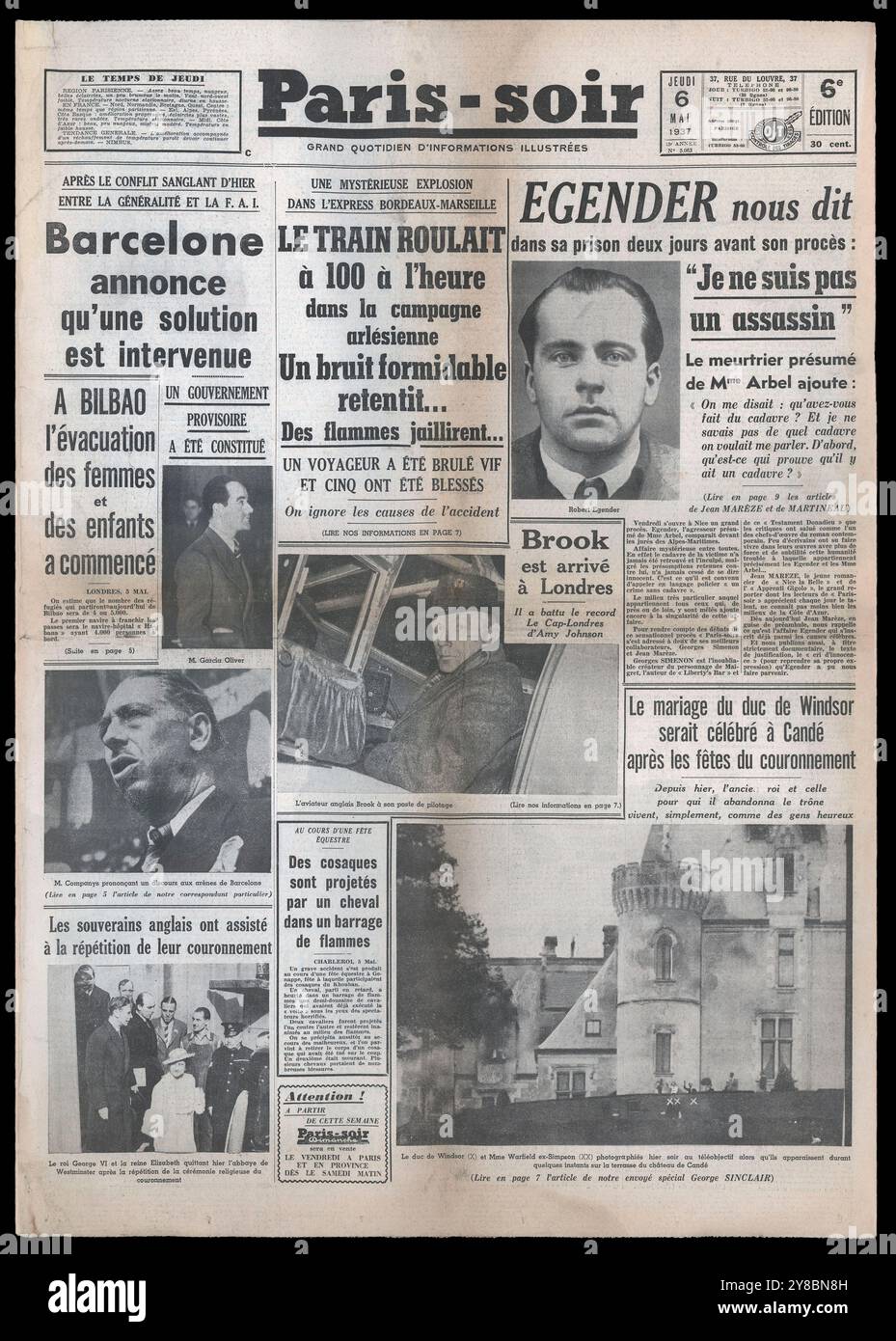 España. Guerra Civil (1936-1939). Portada del Periódico francés de información General París-Soir, editado en París, Mayo de 1937. Stockfoto