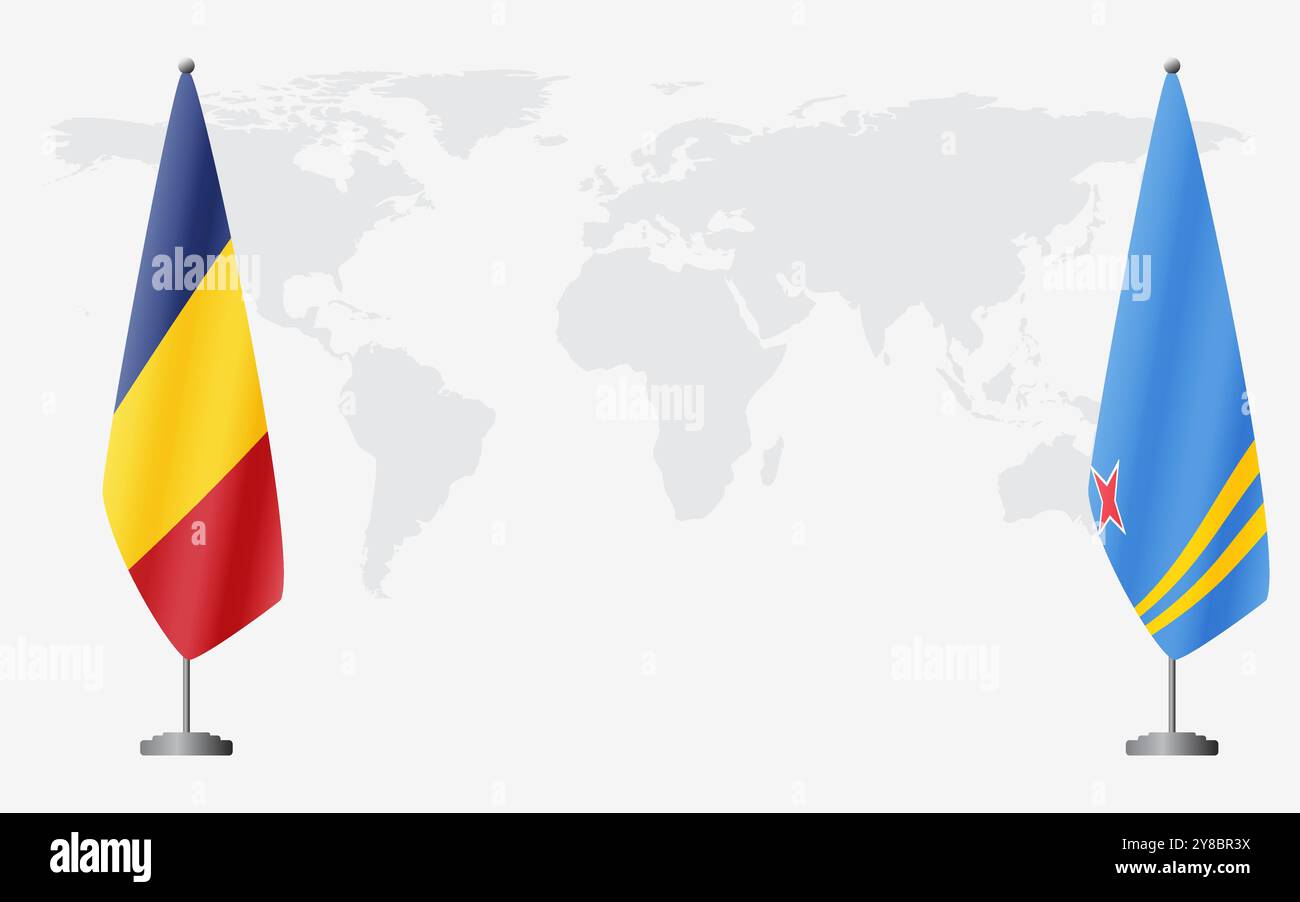 Rumänische und Aruba-Flaggen für offizielle Treffen vor dem Hintergrund der Weltkarte. Stock Vektor