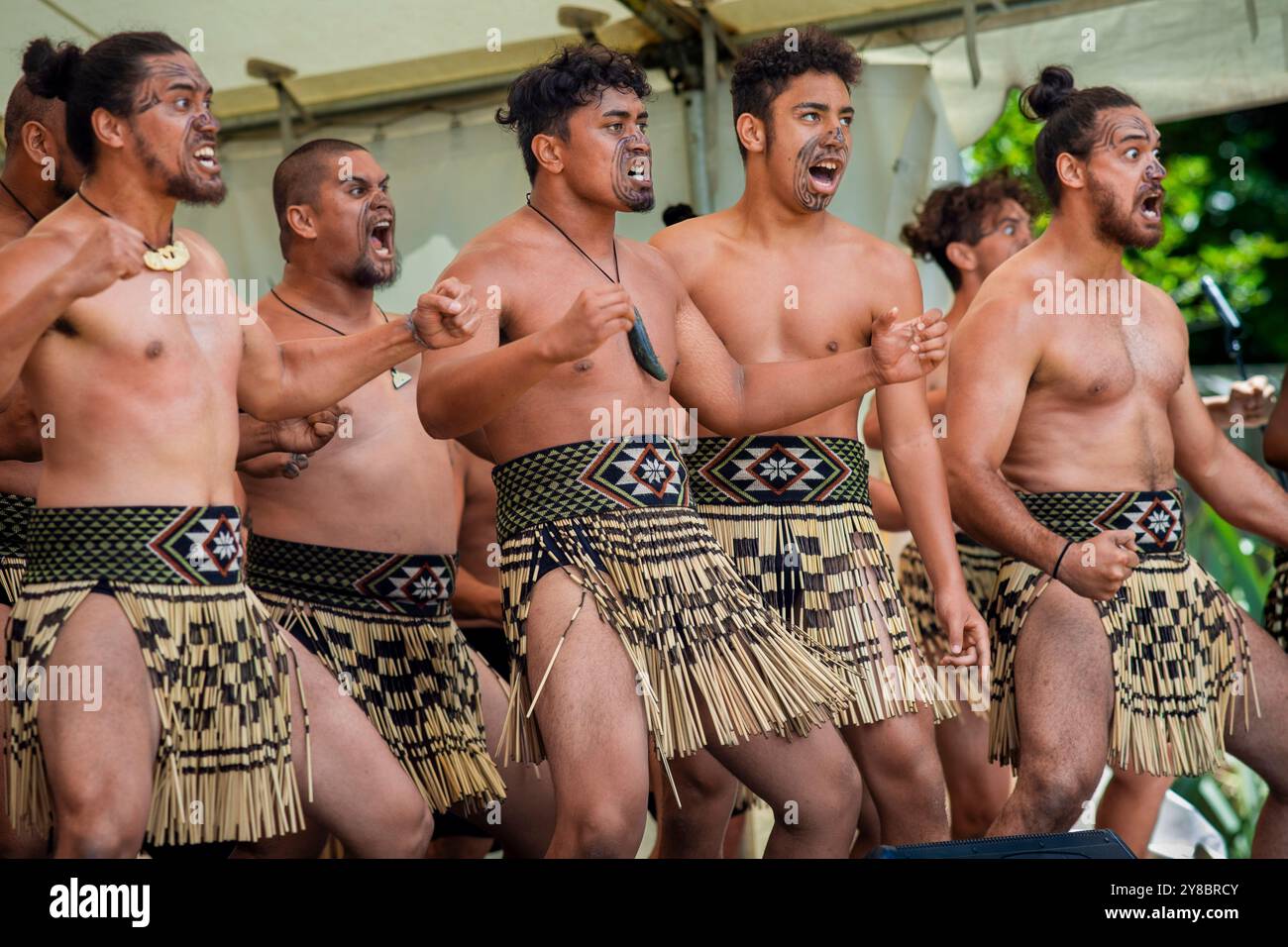 Der Haka ist ein traditioneller Kriegsschrei, ein Kriegstanz oder eine Herausforderung in der Māori-Kultur. Auf dem Foto wird es während des Waitingi-Tages aufgeführt. Der Waitangi-Tag ist der Nat Stockfoto