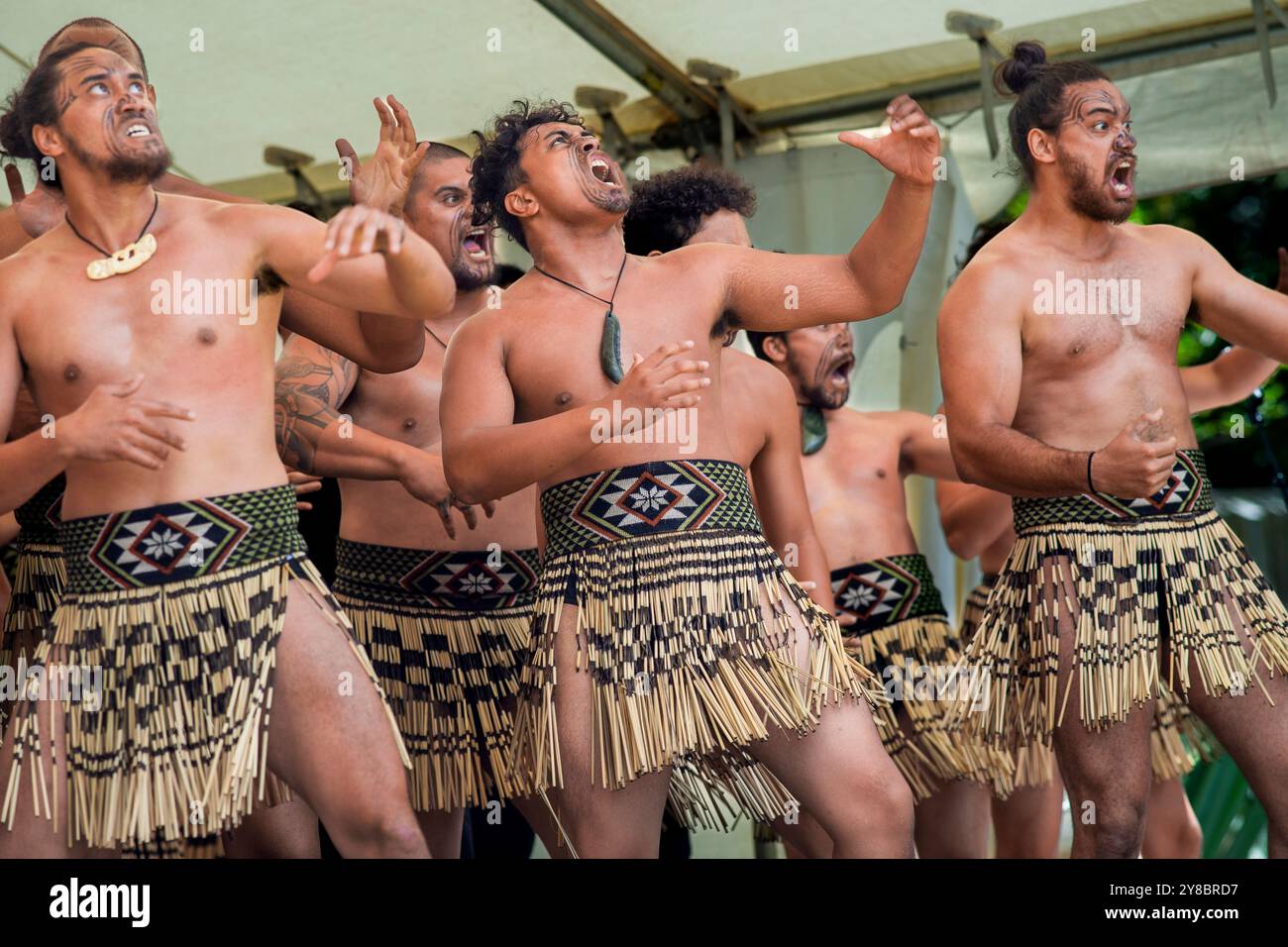 Der Haka ist ein traditioneller Kriegsschrei, ein Kriegstanz oder eine Herausforderung in der Māori-Kultur. Auf dem Foto wird es während des Waitingi-Tages aufgeführt. Der Waitangi-Tag ist der Nat Stockfoto