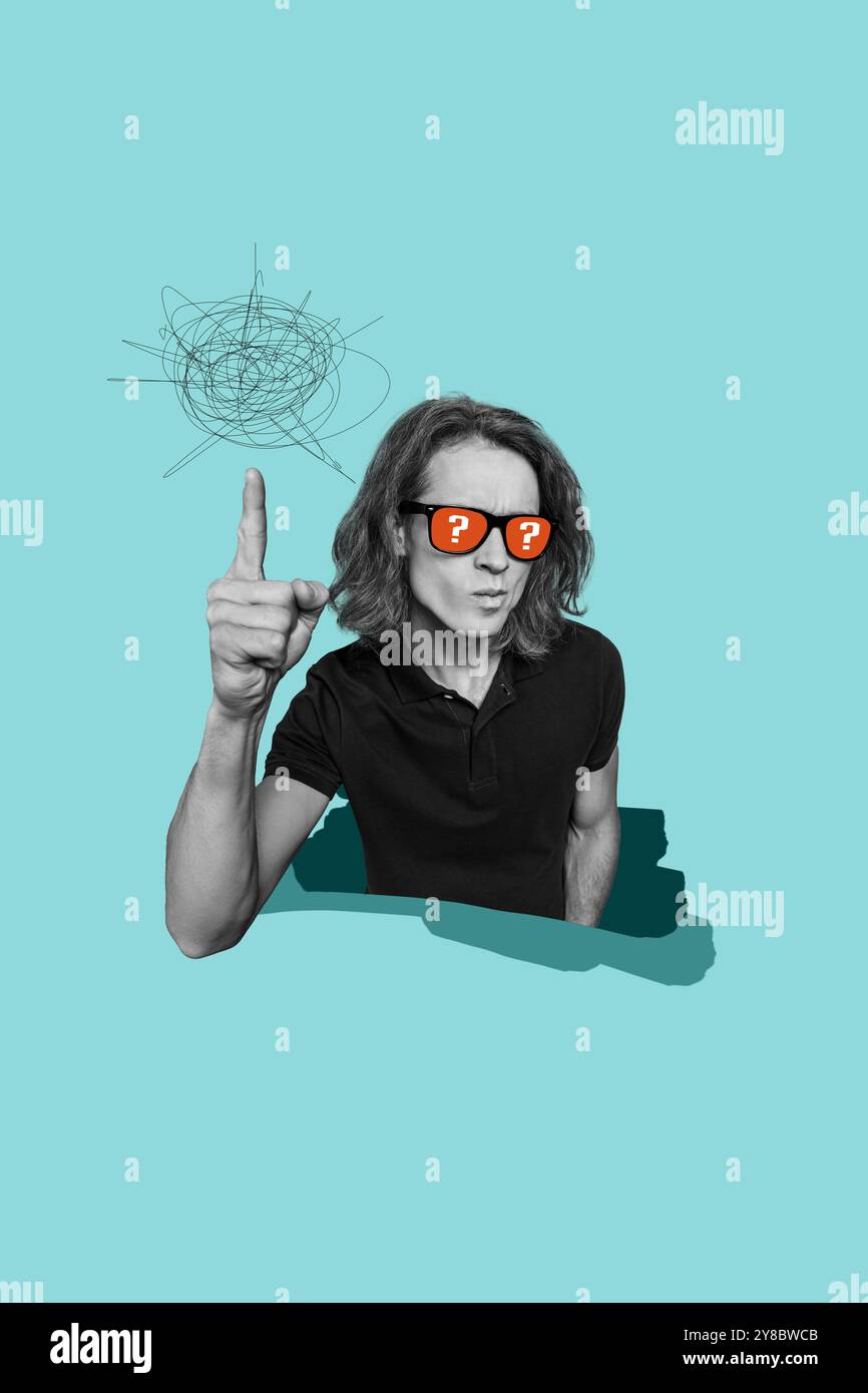 Vertikale kreative Kunstcollage von runzelnden unsicheren Guy Brillen Fragezeichen Dilemma-Überlegungen Entscheidung isoliert auf Malerei Hintergrund Stockfoto