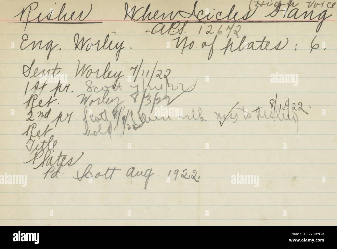 Musik 1800–1900; Musikmanuskripte; Risher, Anna Priscilla. Wenn Eiszapfen an der Wand hängen, Stimme und Klavier, mit Violine obligato, Risher, Anna Priscilla. 1800 - 1900, Schmidt, Arthur Paul, Musikverlag, populäre Musik, Schreiben und Veröffentlichen, Noten, Musik, USA, 19. Jahrhundert, Musik, Usa, Manuskripte, Usa, Manuskripte, Inhalt: zwei Arrangements – jeweils eine für hohe und tiefe Stimmen. Stockfoto
