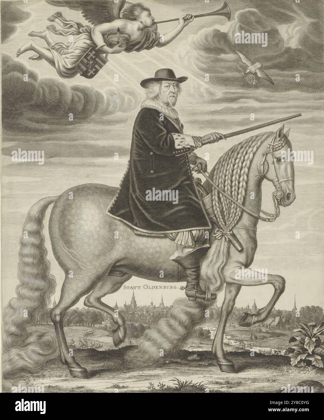 Reiterporträt von Anton GÃ¼nther, Graf von Oldenburg, Druck, Druckerei: Jakob von Sandrart, (auf Objekt erwähnt), nach Malerei von Wolfgang Heimbach, (auf Objekt erwähnt), um 1667, Papier, Stich, Ätzen, Höhe, 427 mm Ã— Breite, 347 mm Stockfoto