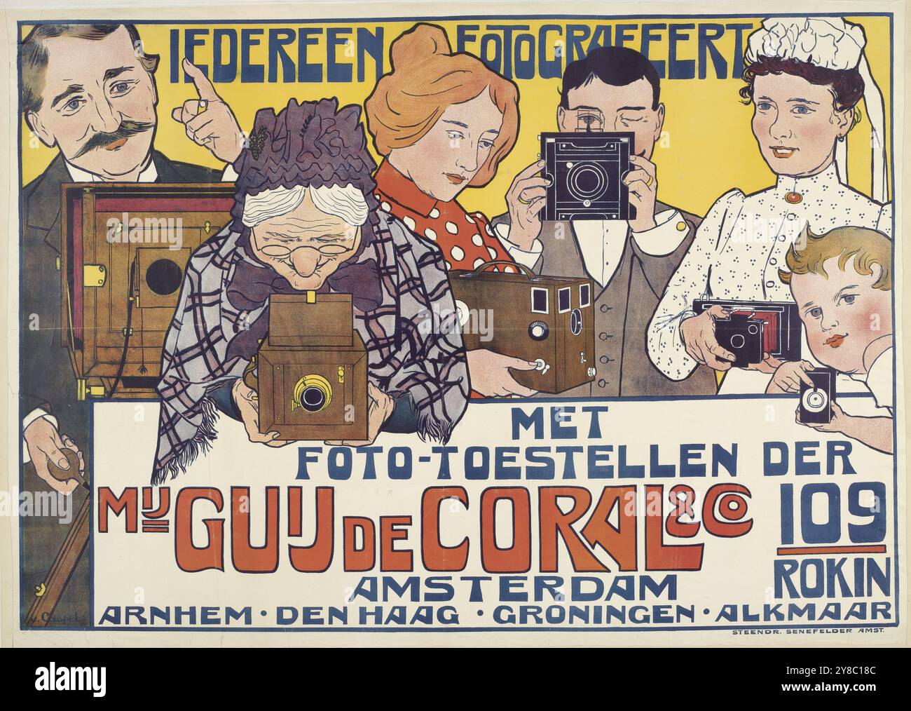 Jeder ein Fotograf Poster für Guy de Coral & Co, jeder fotografiert (jeder ein Fotograf), Poster für Guy de Coral & Co (Titel auf Objekt), Bild von sechs Personen, die alle eine Kamera halten., Poster, Designer: Johann Georg van Caspel, 1901, Papier, Höhe, 815 mm x Breite, 1110 mm Stockfoto