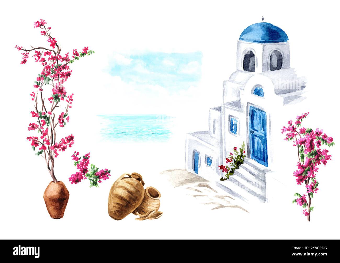 Element der traditionellen griechischen Architektur, Mittelmeer, Griechenland. Handgezeichnete Aquarellillustration isoliert auf weißem Hintergrund Stockfoto