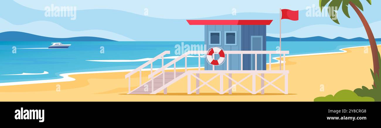 Rettungsschwimmerturm am Strand. Küstenwache in modernem, flachem Design. Illustration des Vektormaterials auf weißem Hintergrund isoliert Stock Vektor