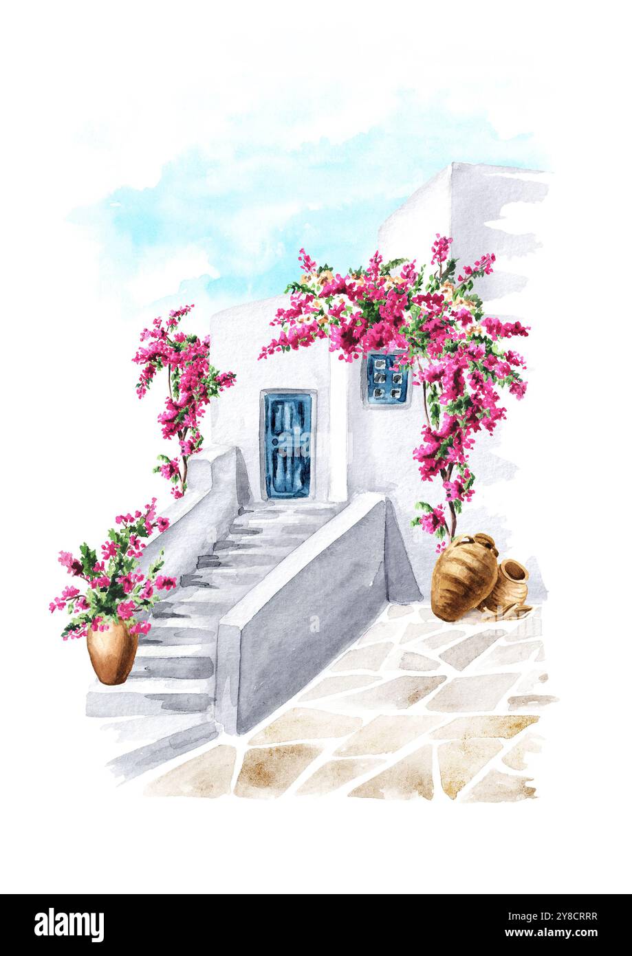 Element der traditionellen griechischen Architektur, Mittelmeer, Griechenland. Handgezeichnete Aquarellillustration, isoliert auf weißem Hintergrund Stockfoto