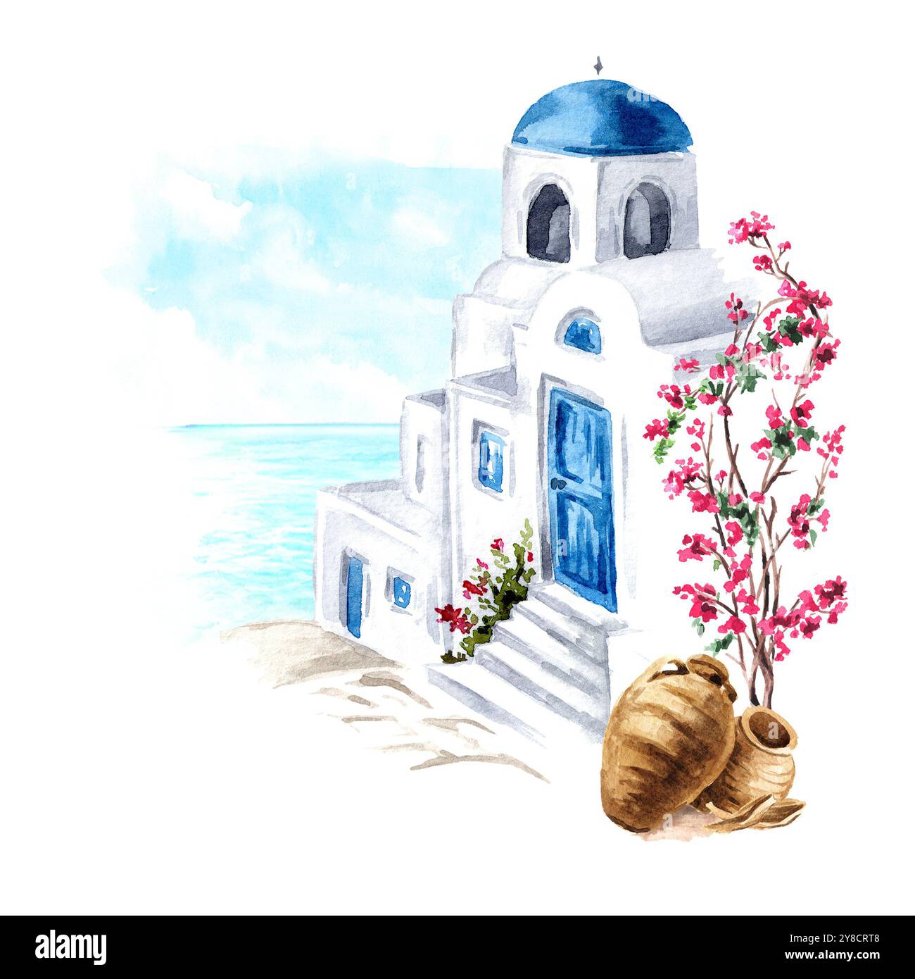 Element der traditionellen griechischen Architektur, Mittelmeer, Griechenland. Handgezeichnete Aquarellillustration isoliert auf weißem Hintergrund Stockfoto