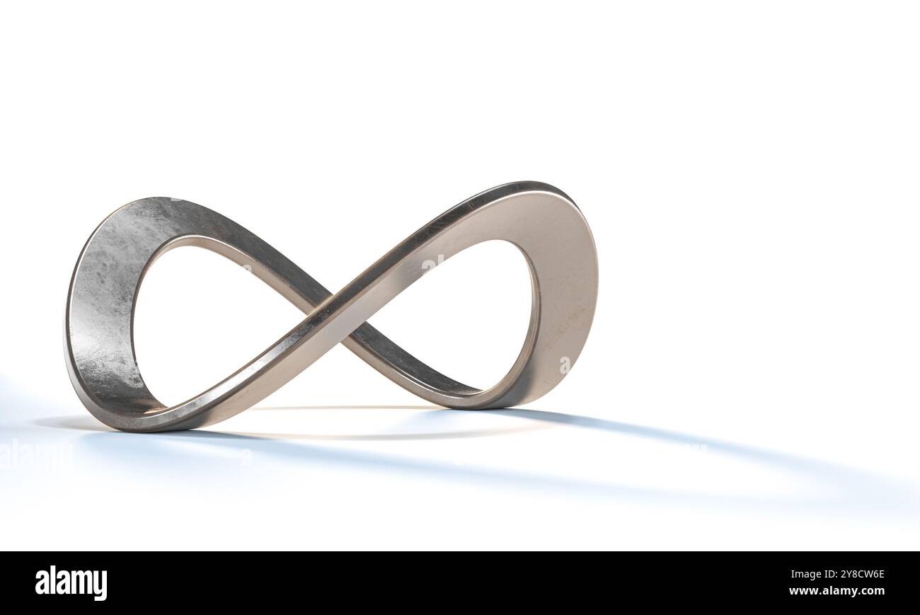 Silberner Metall-Infinity-Symbolschatten auf einem weißen 3D Stockfoto