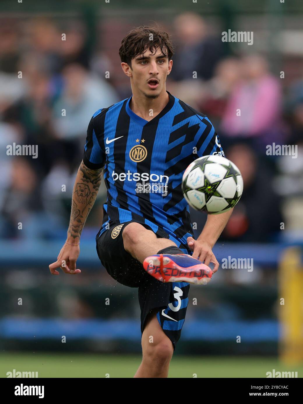 Mailand, Italien. Oktober 2024. Matteo Cocchi vom FC Internazionale während des Spiels der UEFA Youth League im Konami Youth Development Centre, Mailand. Der Bildnachweis sollte lauten: Jonathan Moscrop/Sportimage Credit: Sportimage Ltd/Alamy Live News Stockfoto