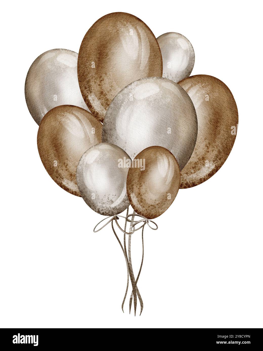 Illustration Aquarell Luftballons in Gold und Silber, braune Farben auf isoliertem Hintergrund Stockfoto