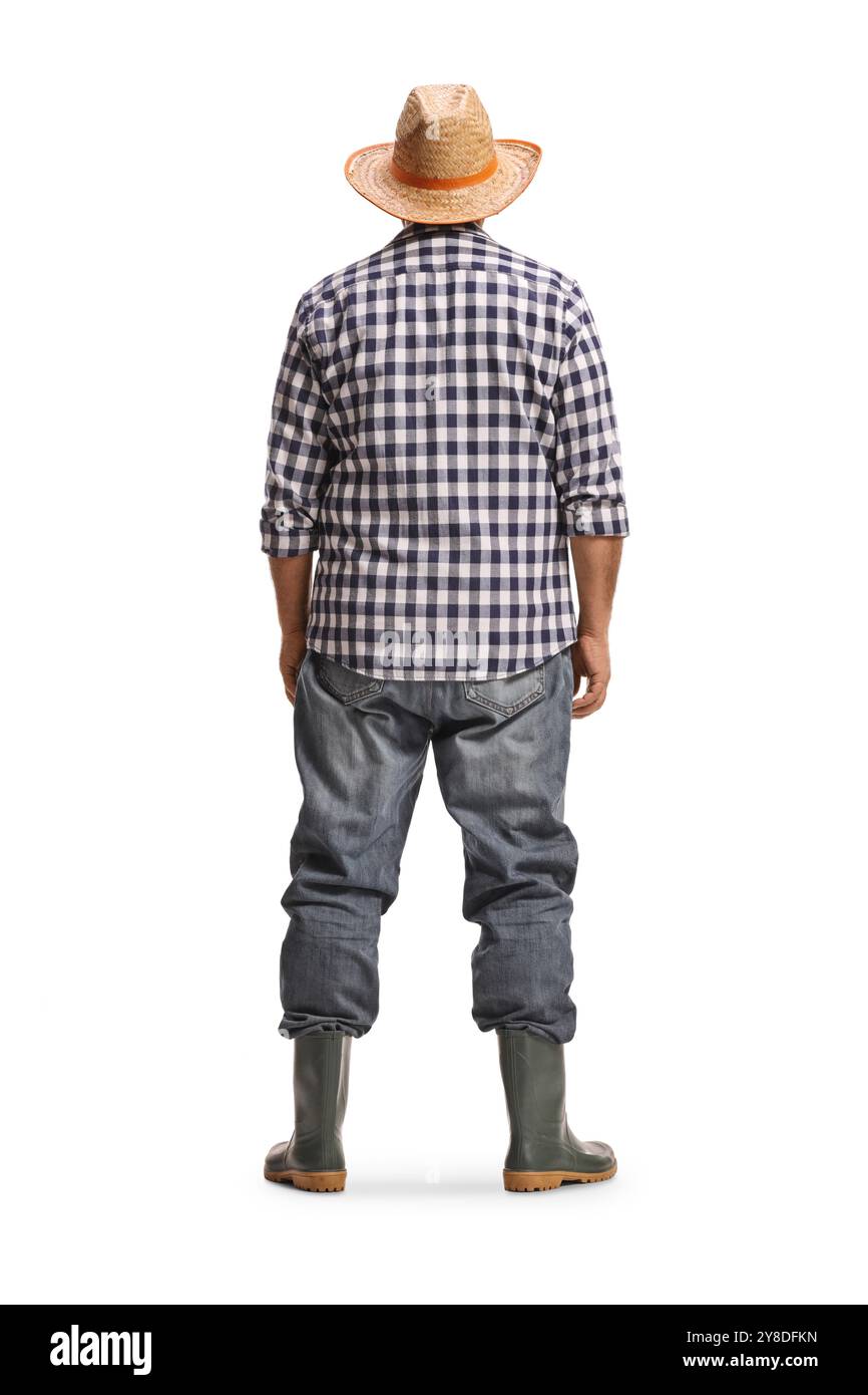Rückansicht eines Bauern in Stiefeln und Strohhut isoliert auf weißem Hintergrund Stockfoto