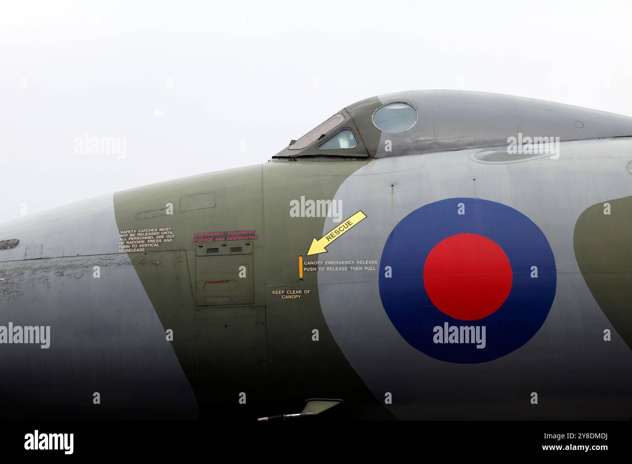 RAF Vulcan ccokpit. Im East Midlands Aeropark gemothbballt. Stockfoto