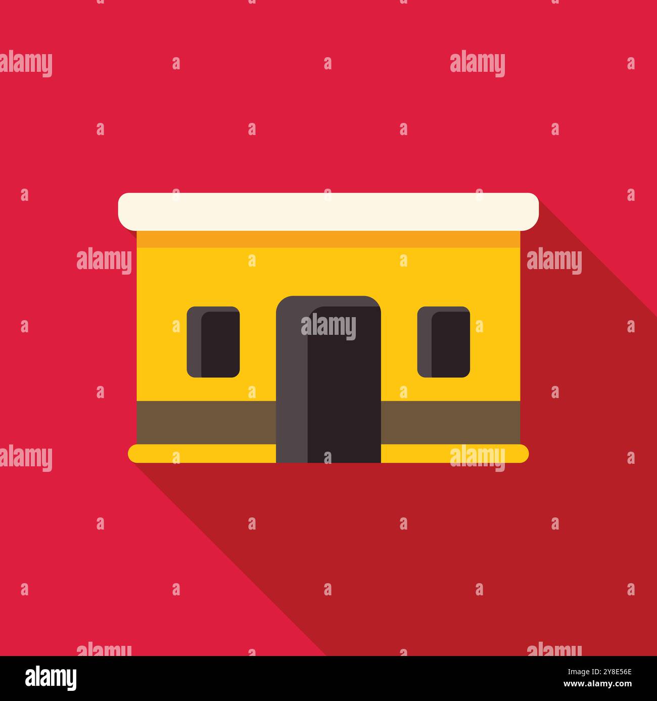 Einfache Vektorillustration einer gelben Gebäudefassade, die einen langen Schatten vor einem roten Hintergrund wirft Stock Vektor