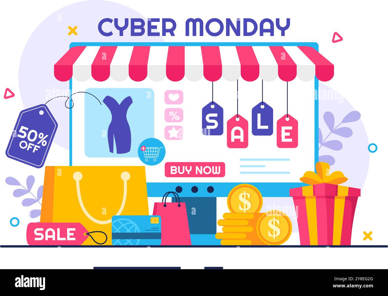 Cyber Monday Event Vektor Illustration mit Super Sale und Big Discount kauft Waren in Papiertüten für Promotions in einem flachen Stil Cartoon Backgroun Stock Vektor
