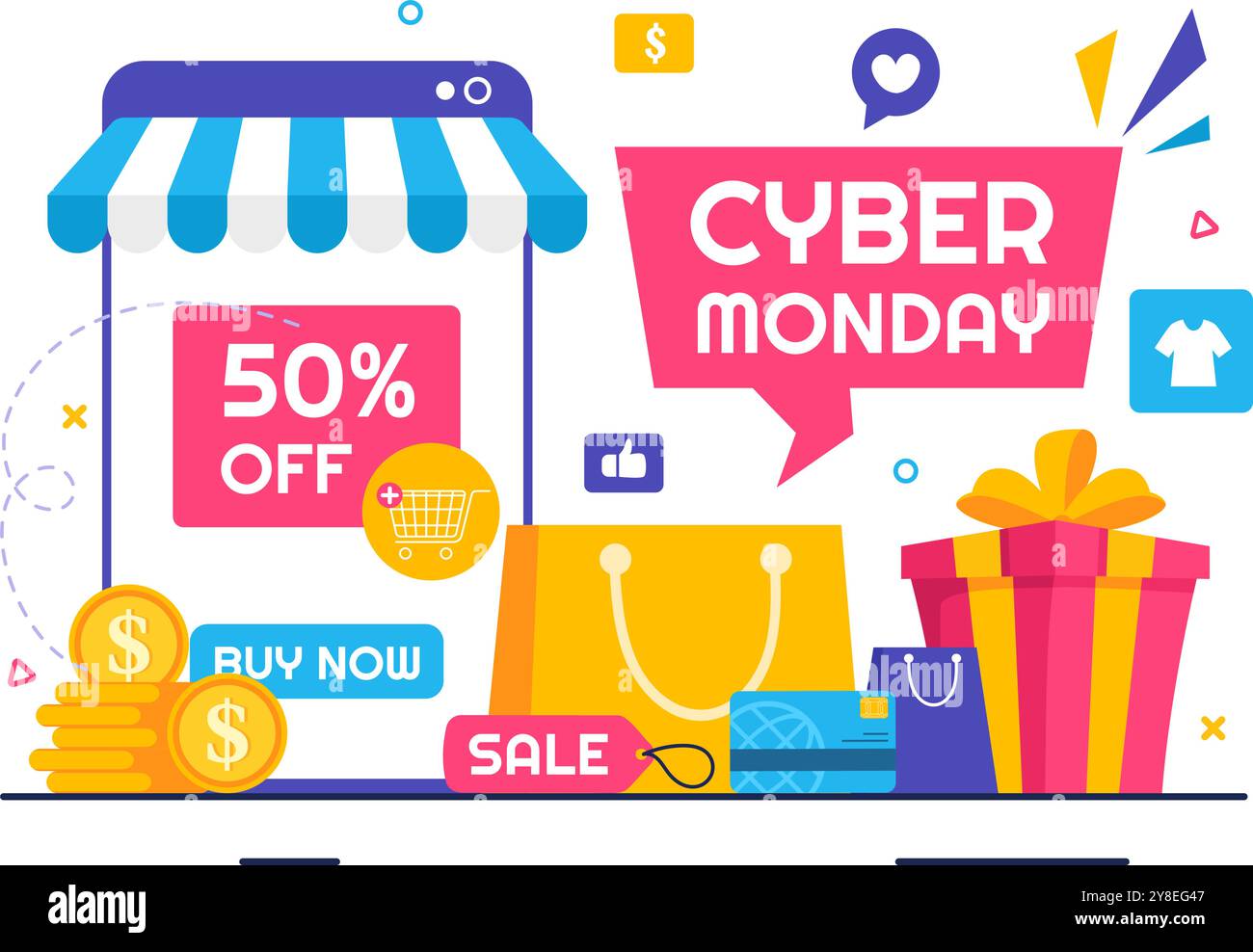 Cyber Monday Event Vektor Illustration mit Super Sale und Big Discount kauft Waren in Papiertüten für Promotions in einem flachen Stil Cartoon Backgroun Stock Vektor