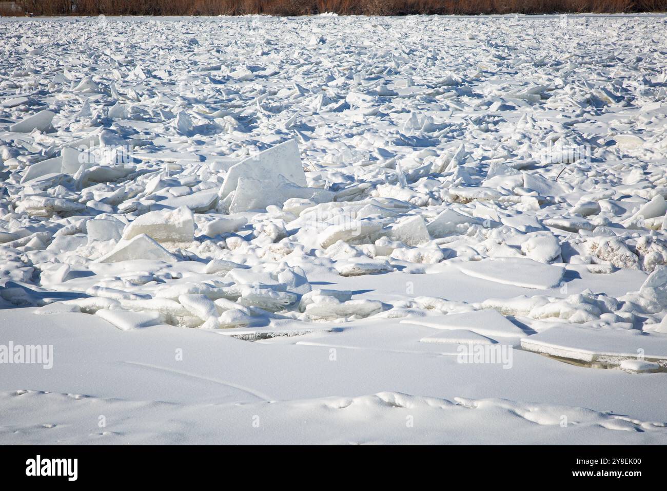Der Frostzyklus und der Auftauzyklus im Winter führten zu Eisplatten, die den Missouri River in Great Falls, MT, stauten. Eine leichte Schneedecke macht die Eiskanten weicher. Stockfoto