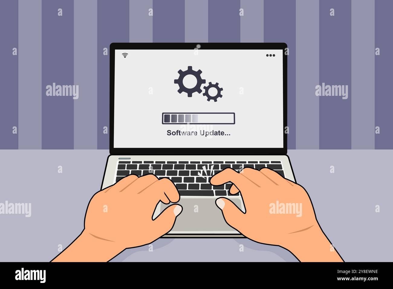 Ein Laptop auf dem Tisch mit einer Fortschrittsanzeige auf dem Bildschirm. Prozesskonzept zur Aktualisierung des Softwaresystems. Vektorabbildung. Stock Vektor