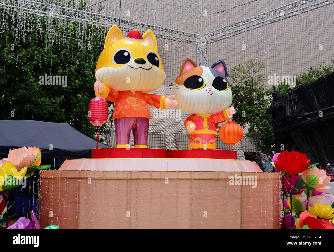 Hunde- und Katzenpaar in traditioneller Tracht, um das chinesische Neujahr zu feiern Stockfoto